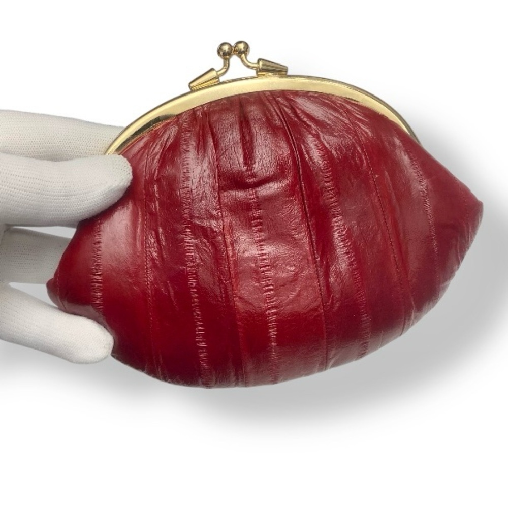 Vintage Genuine Eel Skin Double Kiss Lock Small Evening Purse Clutch Burgundy